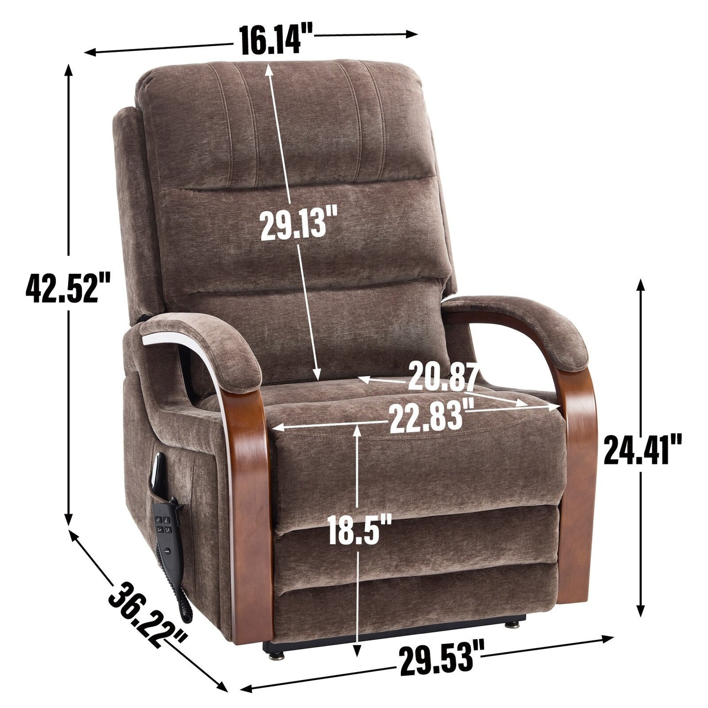 Fauteuil inclinable électrique à double moteur, positions infinies, avec accoudoirs en bois massif, massage thermique et mécanisme de mouvement robuste
