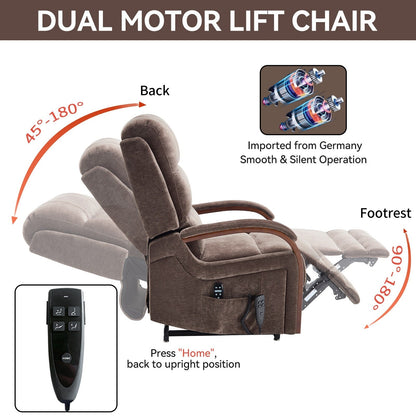 Fauteuil inclinable électrique à double moteur, positions infinies, avec accoudoirs en bois massif, massage thermique et mécanisme de mouvement robuste
