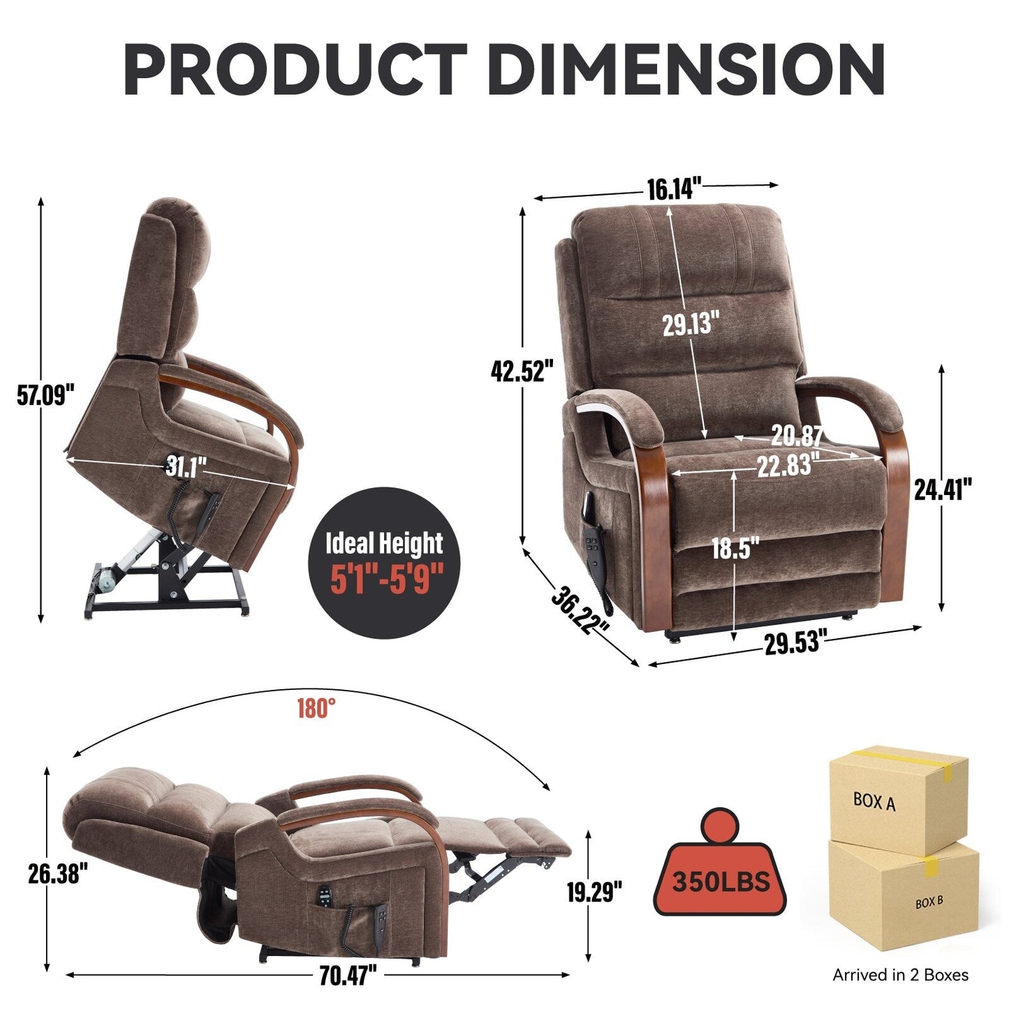 Fauteuil inclinable électrique à double moteur, positions infinies, avec accoudoirs en bois massif, massage thermique et mécanisme de mouvement robuste