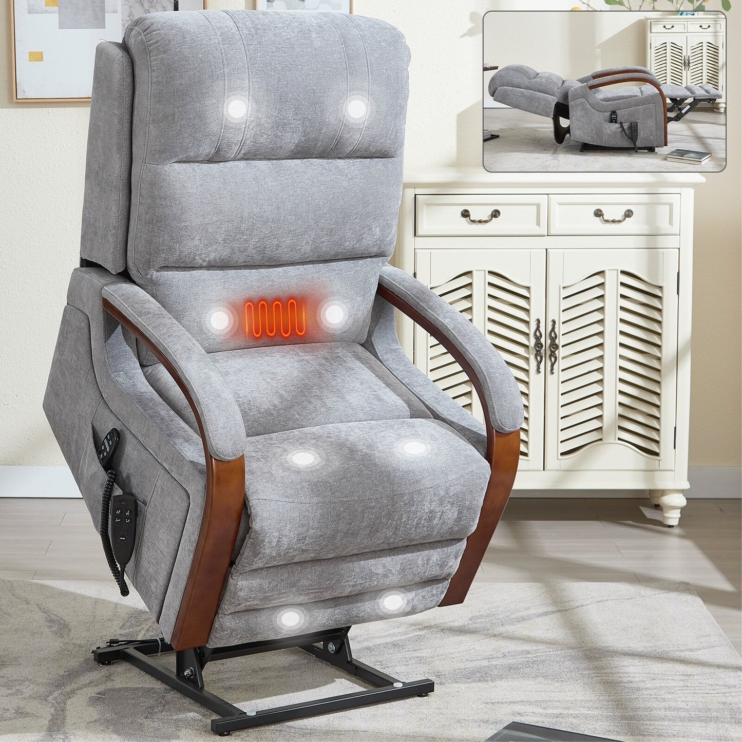 Fauteuil inclinable électrique à double moteur, positions infinies, avec accoudoirs en bois massif, massage thermique et mécanisme de mouvement robuste