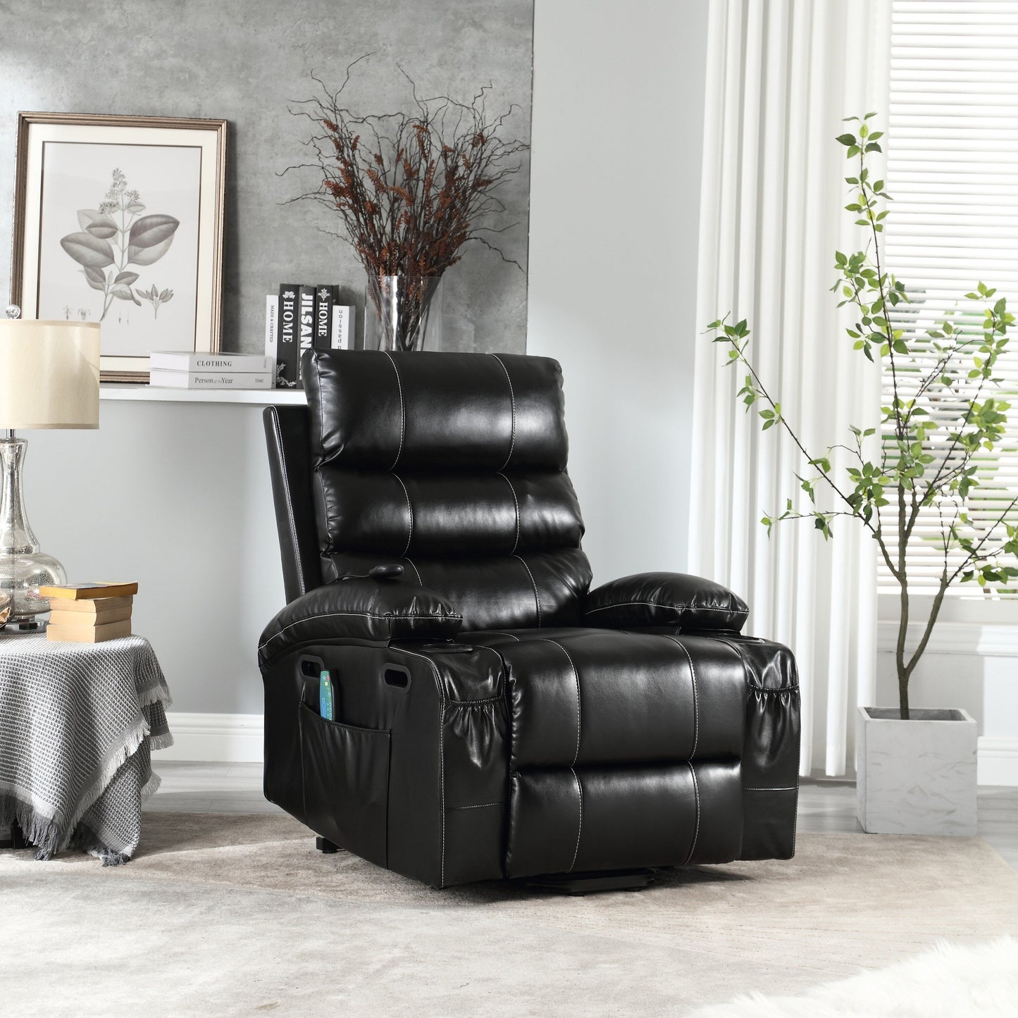 Fauteuil inclinable électrique avec releveur, massage et chauffage, avec assise large, poches latérales, porte-gobelets et minuterie pour personnes âgées