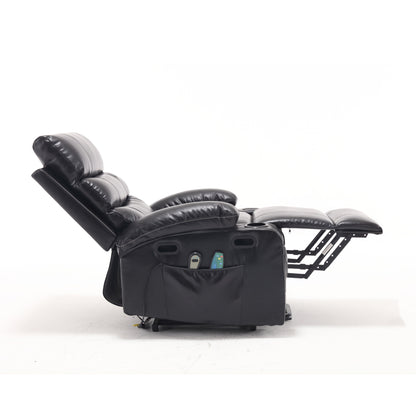 Fauteuil inclinable électrique avec releveur, massage et chauffage, avec assise large, poches latérales, porte-gobelets et minuterie pour personnes âgées