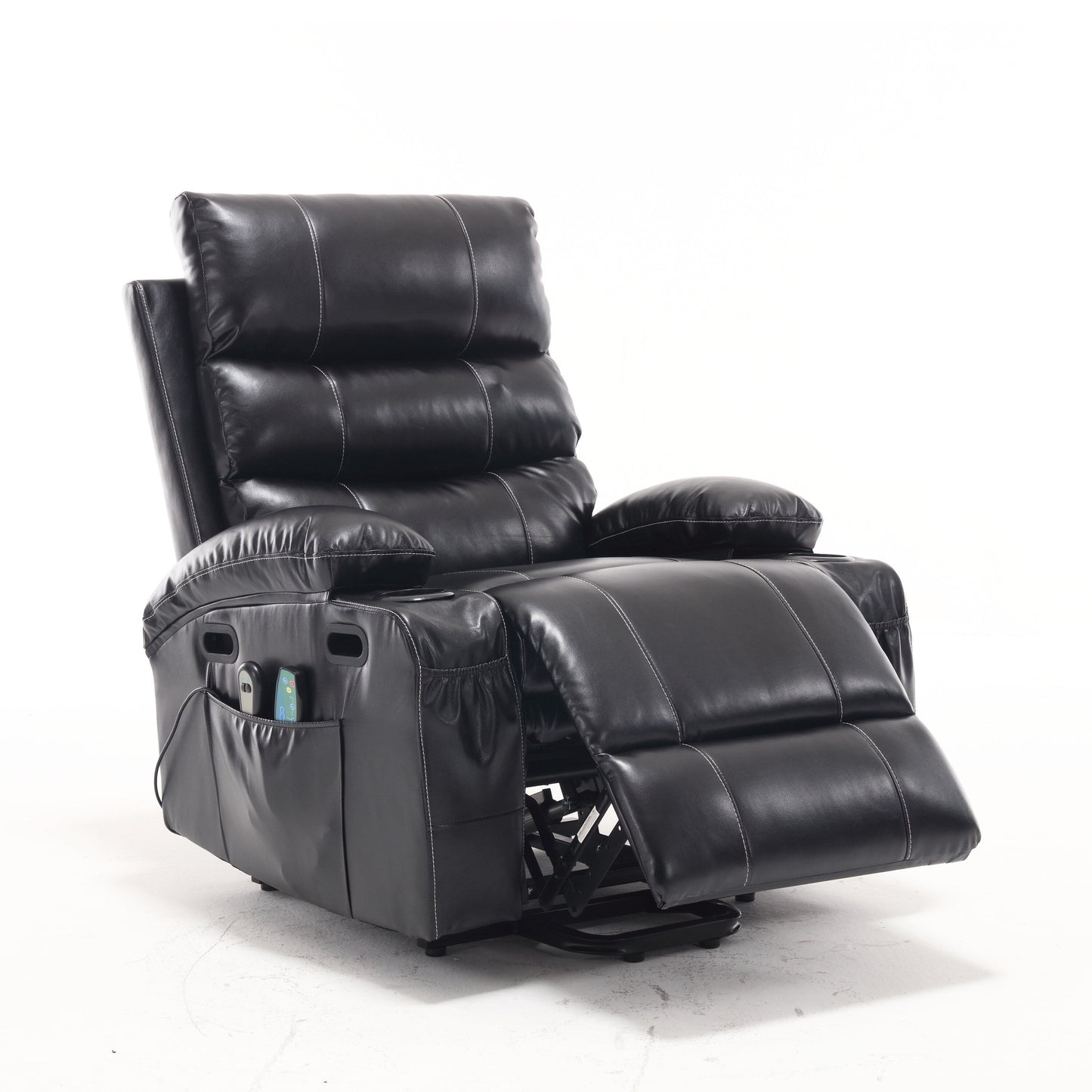 Fauteuil inclinable électrique avec releveur, massage et chauffage, avec assise large, poches latérales, porte-gobelets et minuterie pour personnes âgées