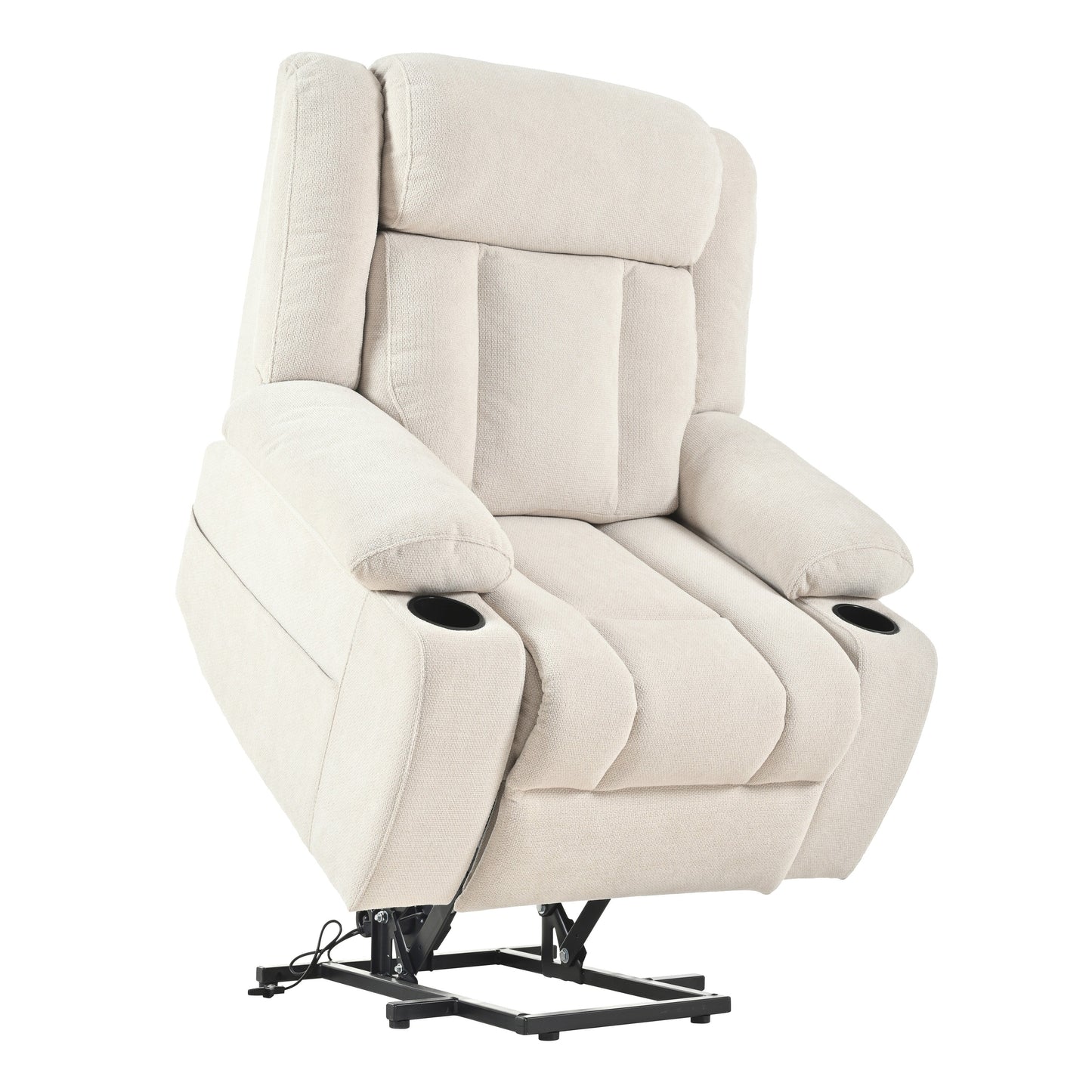 Fauteuil releveur électrique pour personnes âgées, fauteuil releveur en tissu avec repose-pieds allongé, 2 porte-gobelets, poches latérales et télécommande.