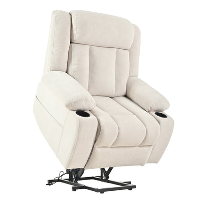 Fauteuil releveur électrique pour personnes âgées, fauteuil releveur en tissu avec repose-pieds allongé, 2 porte-gobelets, poches latérales et télécommande.