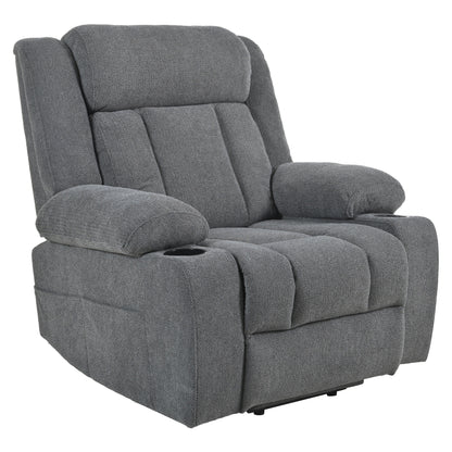 Fauteuil releveur électrique pour personnes âgées, fauteuil releveur en tissu avec repose-pieds allongé, 2 porte-gobelets, poches latérales et télécommande.