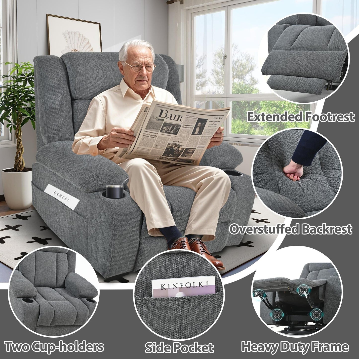 Fauteuil releveur électrique pour personnes âgées, fauteuil releveur en tissu avec repose-pieds allongé, 2 porte-gobelets, poches latérales et télécommande.