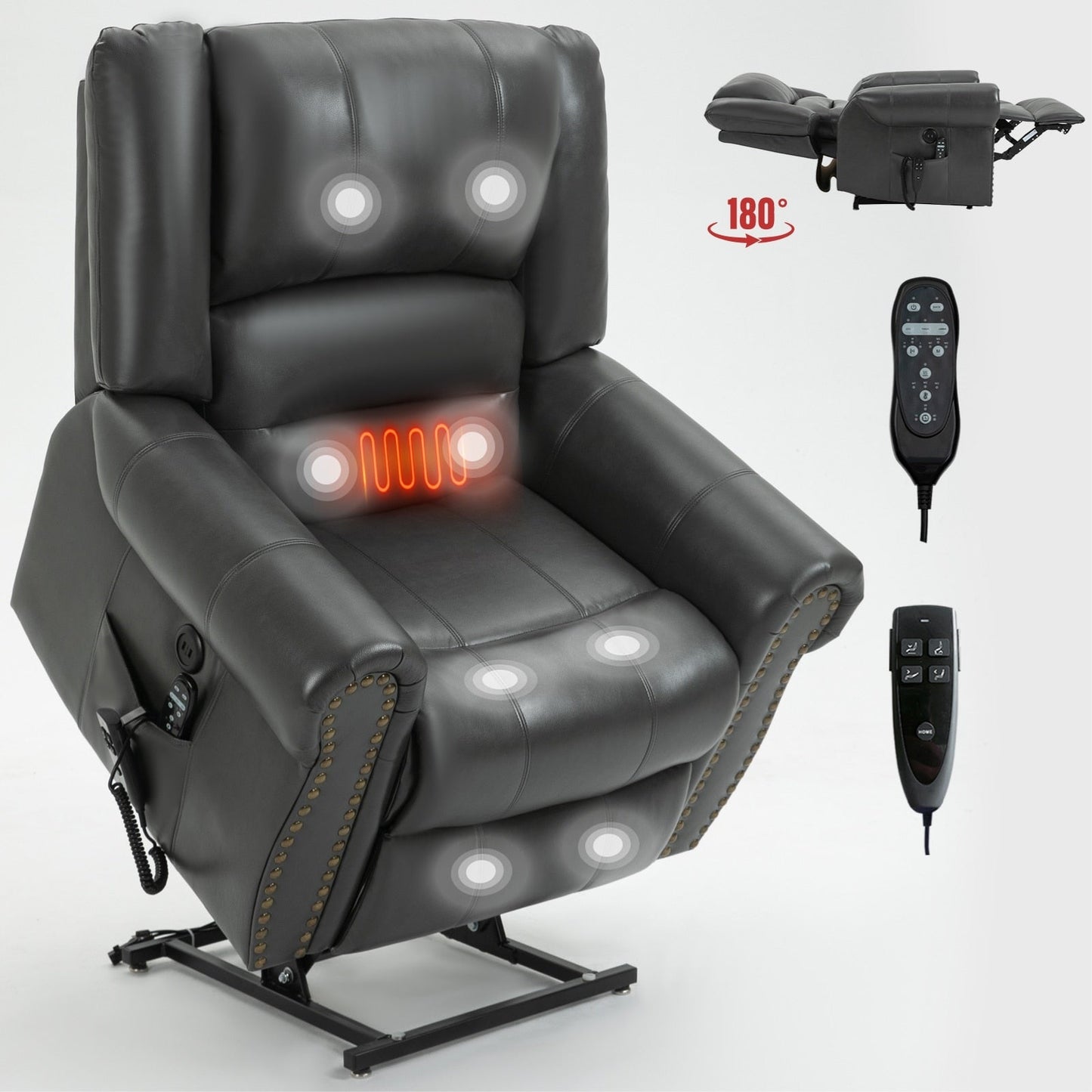 Fauteuil inclinable électrique à relevage électrique, massage thermique, double moteur, positions infinies, jusqu'à 159 kg, mécanisme de mouvement robuste avec ports USB