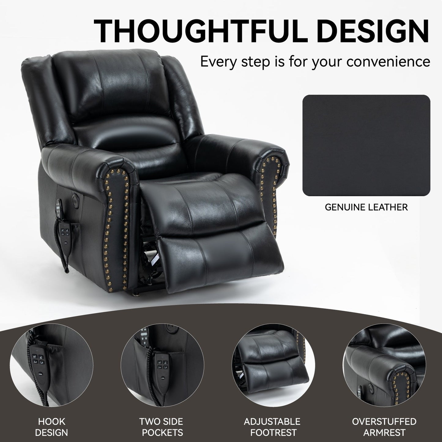 Fauteuil inclinable électrique à relevage électrique, massage thermique, double moteur, positions infinies, jusqu'à 159 kg, mécanisme de mouvement robuste avec ports USB