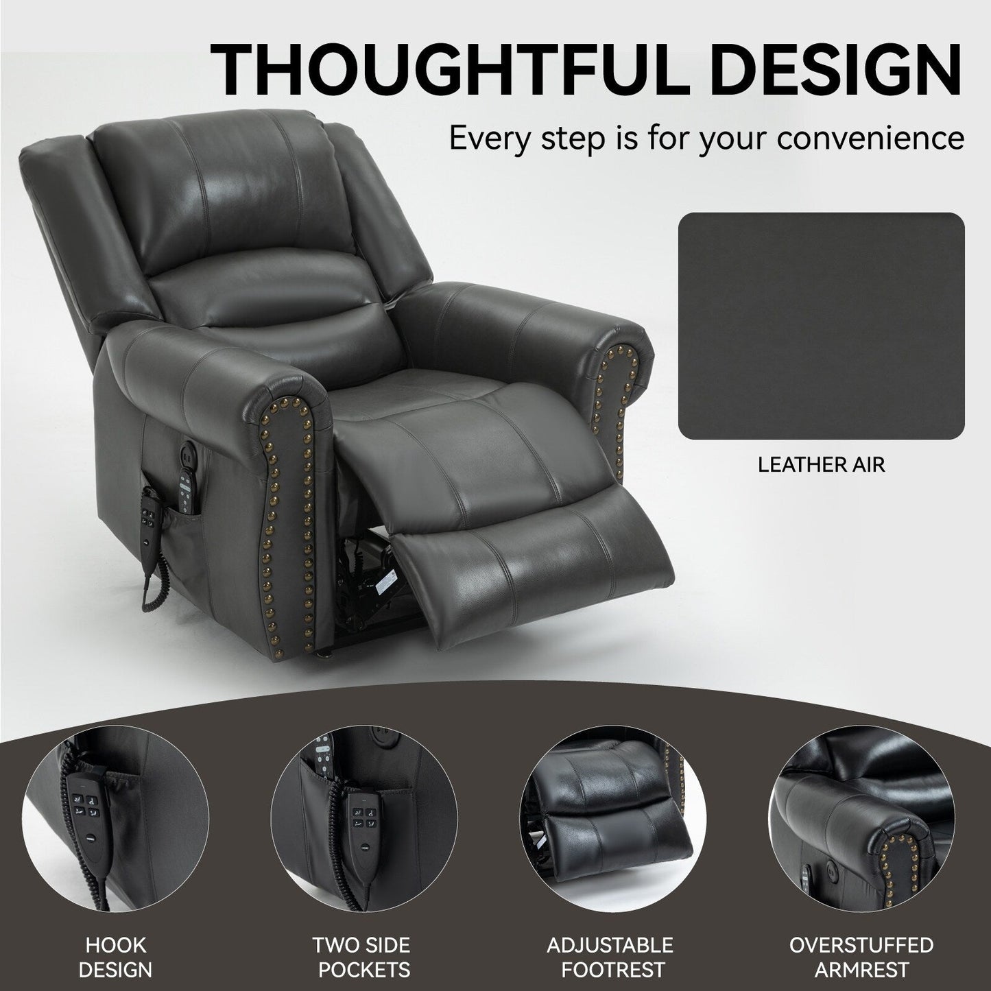 Fauteuil inclinable électrique à relevage électrique, massage thermique, double moteur, positions infinies, jusqu'à 159 kg, mécanisme de mouvement robuste avec ports USB