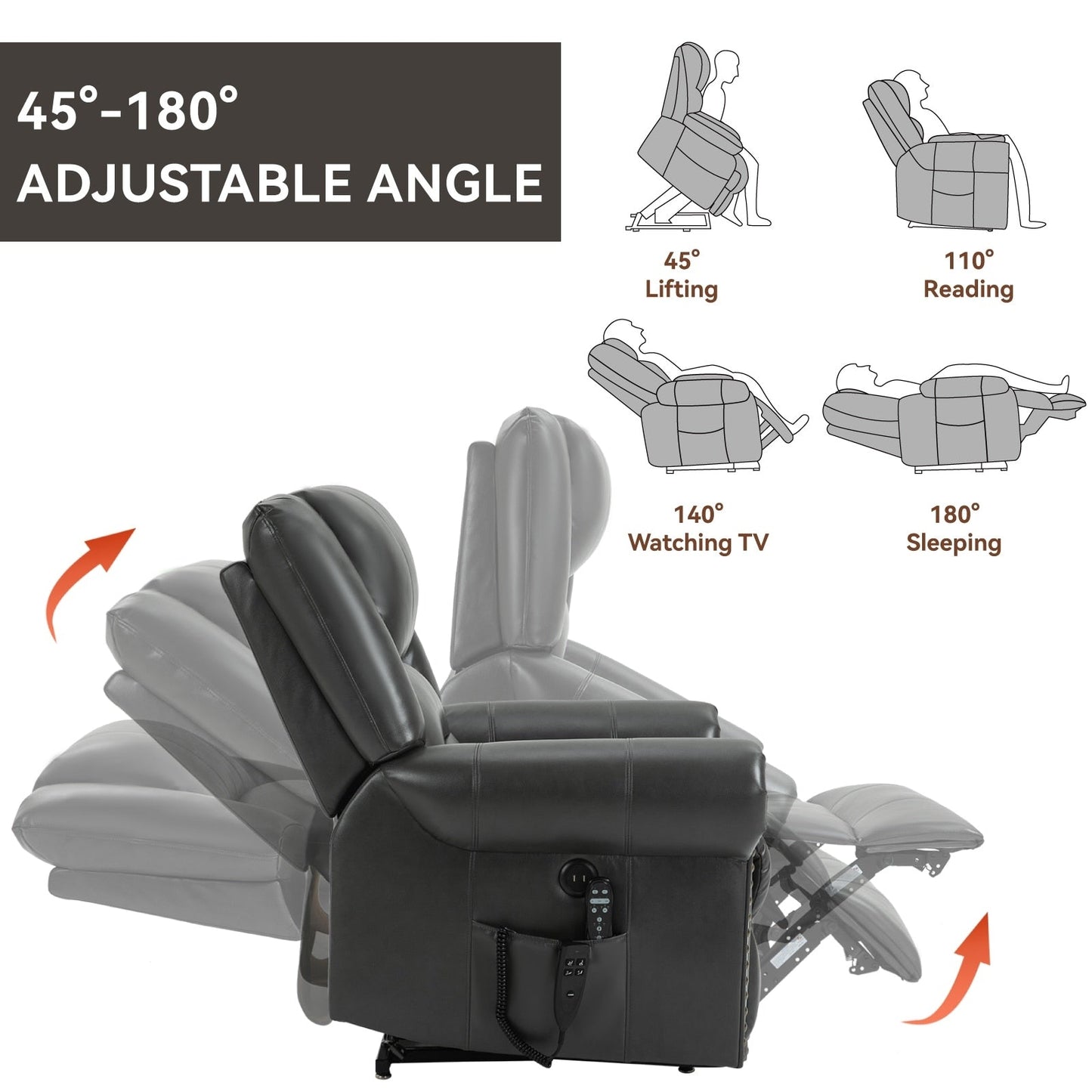 Fauteuil inclinable électrique à relevage électrique, massage thermique, double moteur, positions infinies, jusqu'à 159 kg, mécanisme de mouvement robuste avec ports USB