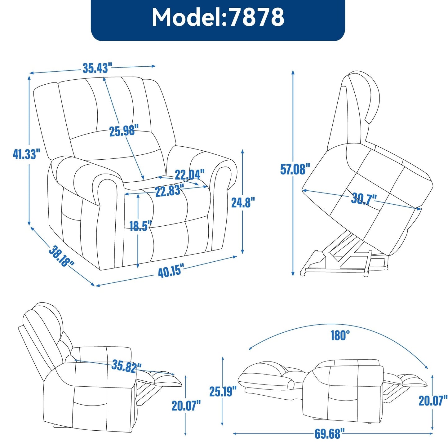 Fauteuil inclinable électrique avec relevage et massage thermique, double moteur, cuir, mécanisme de mouvement robuste avec ports USB