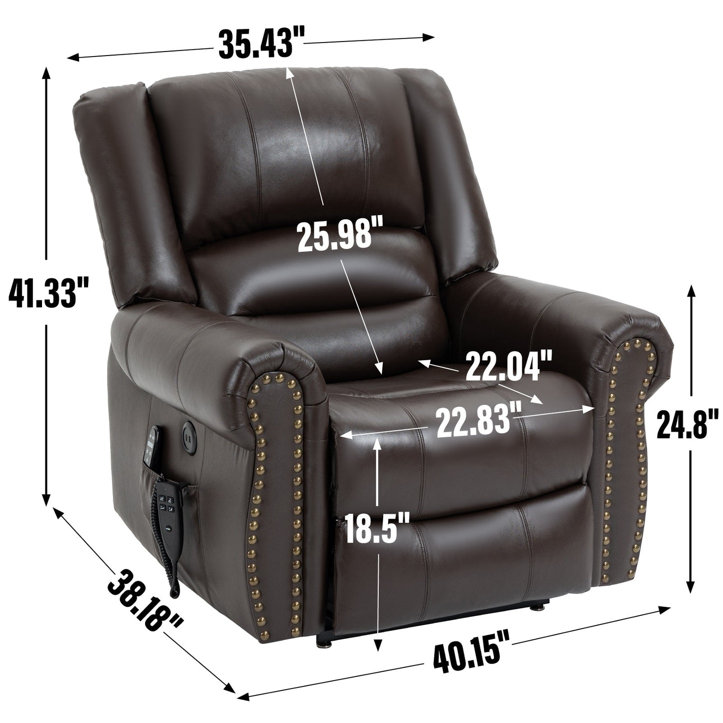 Fauteuil inclinable électrique avec relevage et massage thermique, double moteur, cuir, mécanisme de mouvement robuste avec ports USB