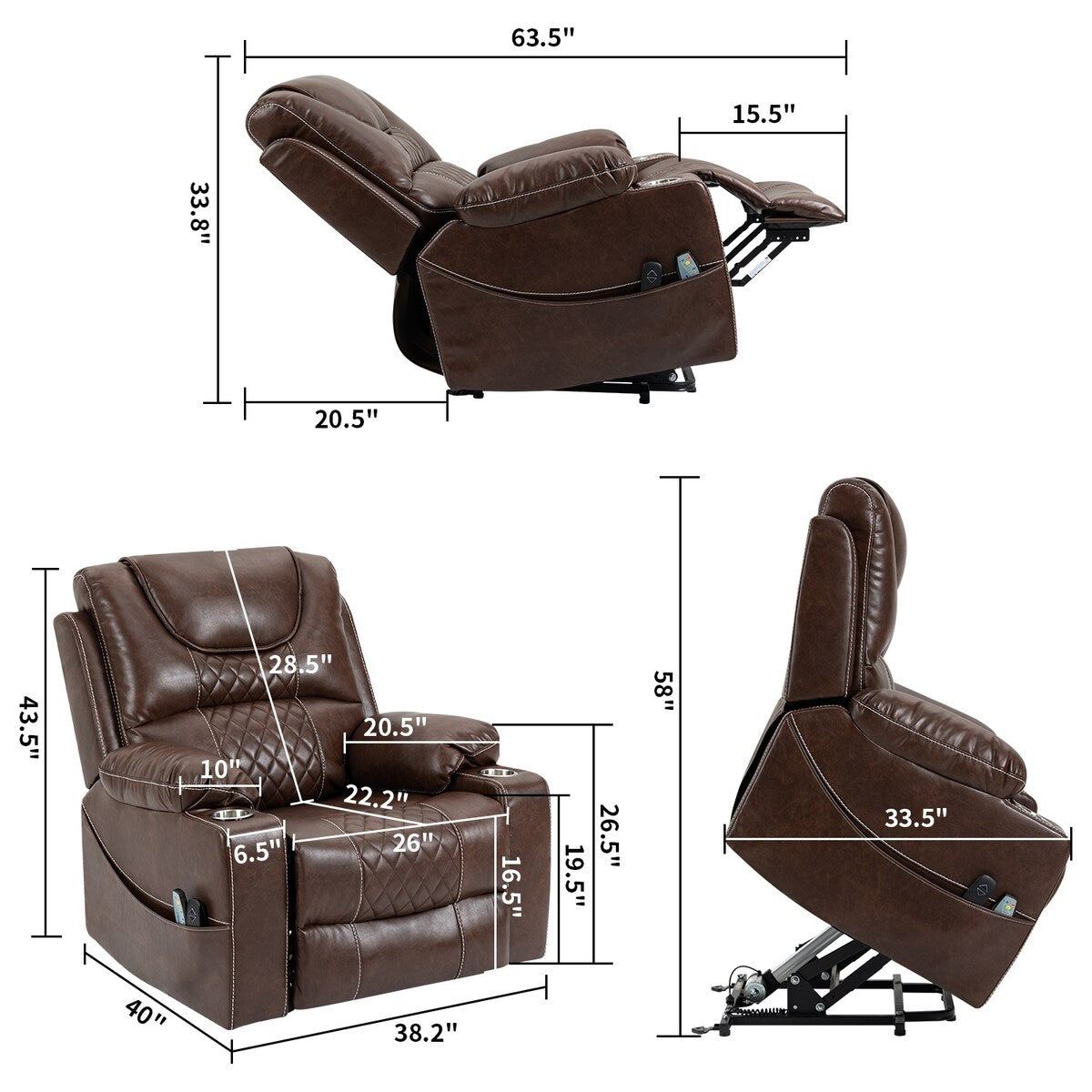 Fauteuil inclinable électrique en cuir synthétique avec massage et chauffage pour personnes âgées
