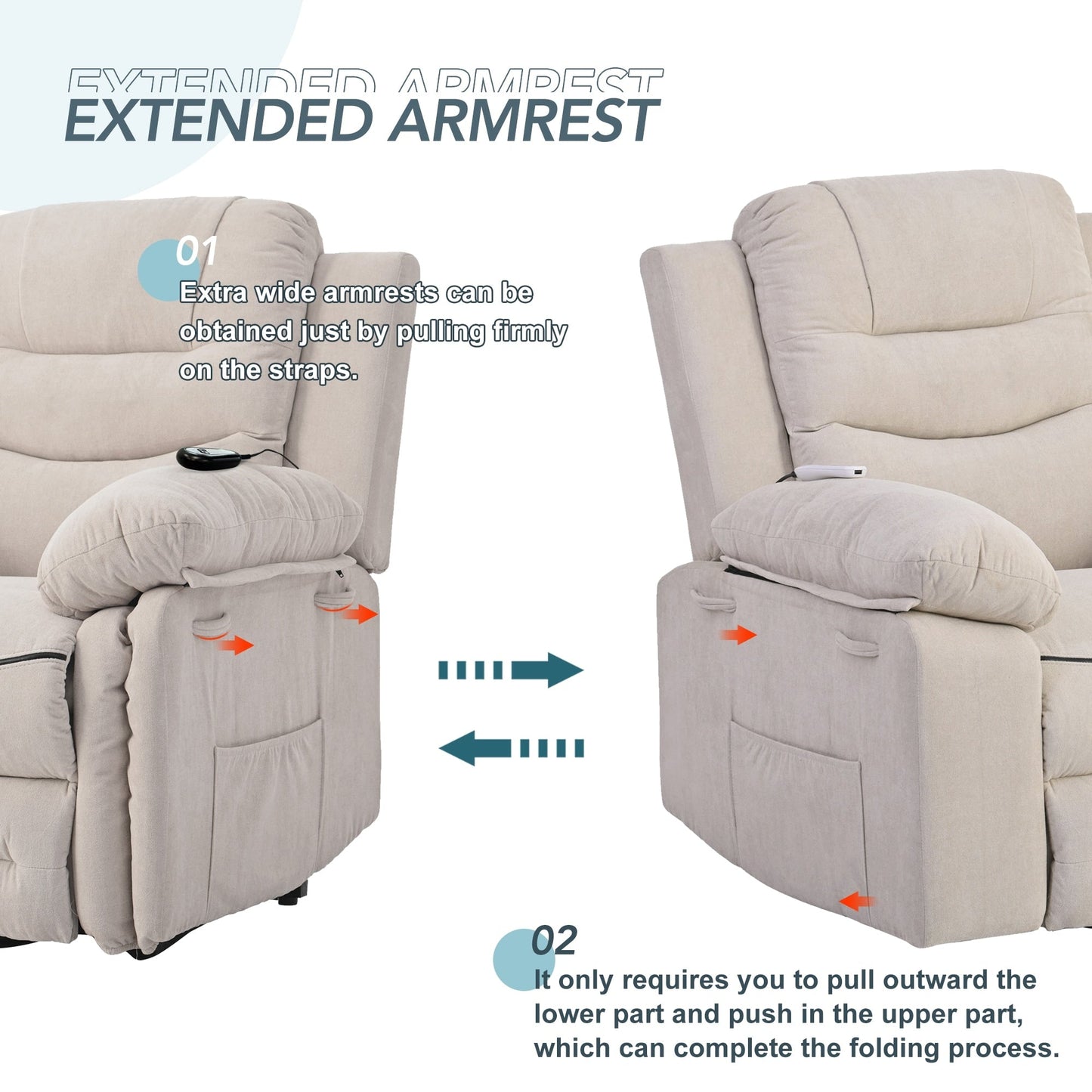 Fauteuil inclinable électrique pour personnes âgées, fonctions de massage et de chauffage réglables, inclinaison infinie, poche latérale