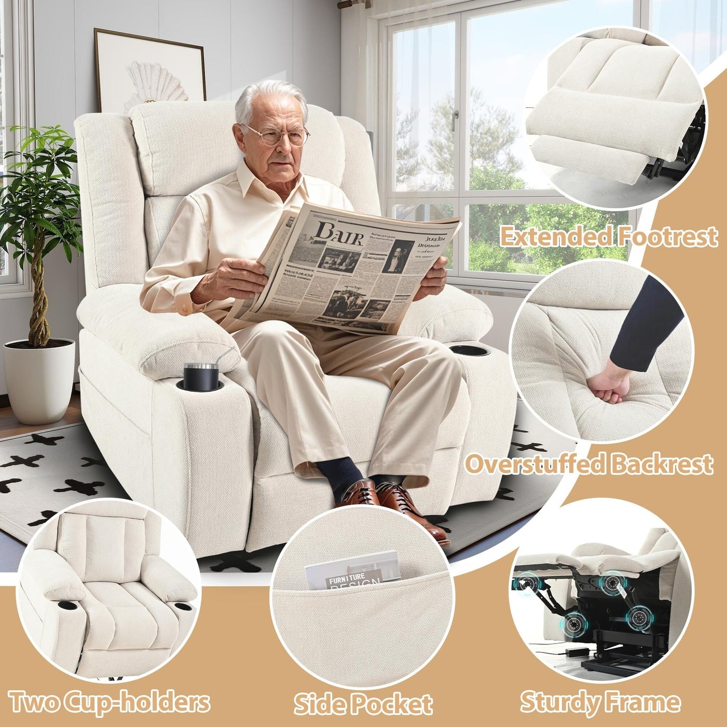Fauteuil inclinable électrique pour personnes âgées, canapé simple classique avec 2 porte-gobelets, poches latérales et télécommande