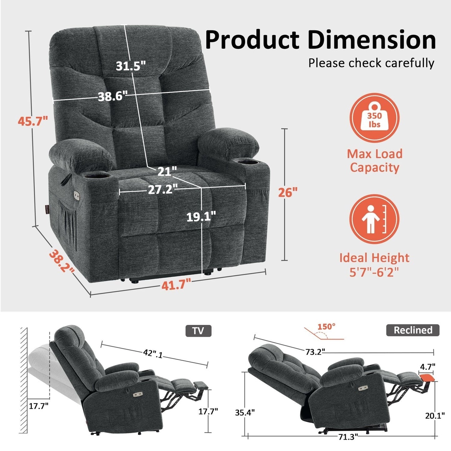 Fauteuil inclinable électrique pour personnes âgées, en tissu
