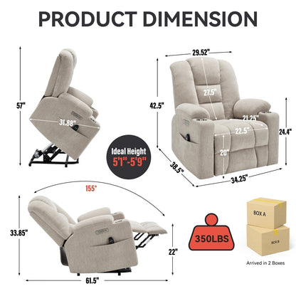 Fauteuil inclinable électrique pour personnes âgées, avec massage, chauffage, deux ports USB, chargement Type-C et porte-gobelets