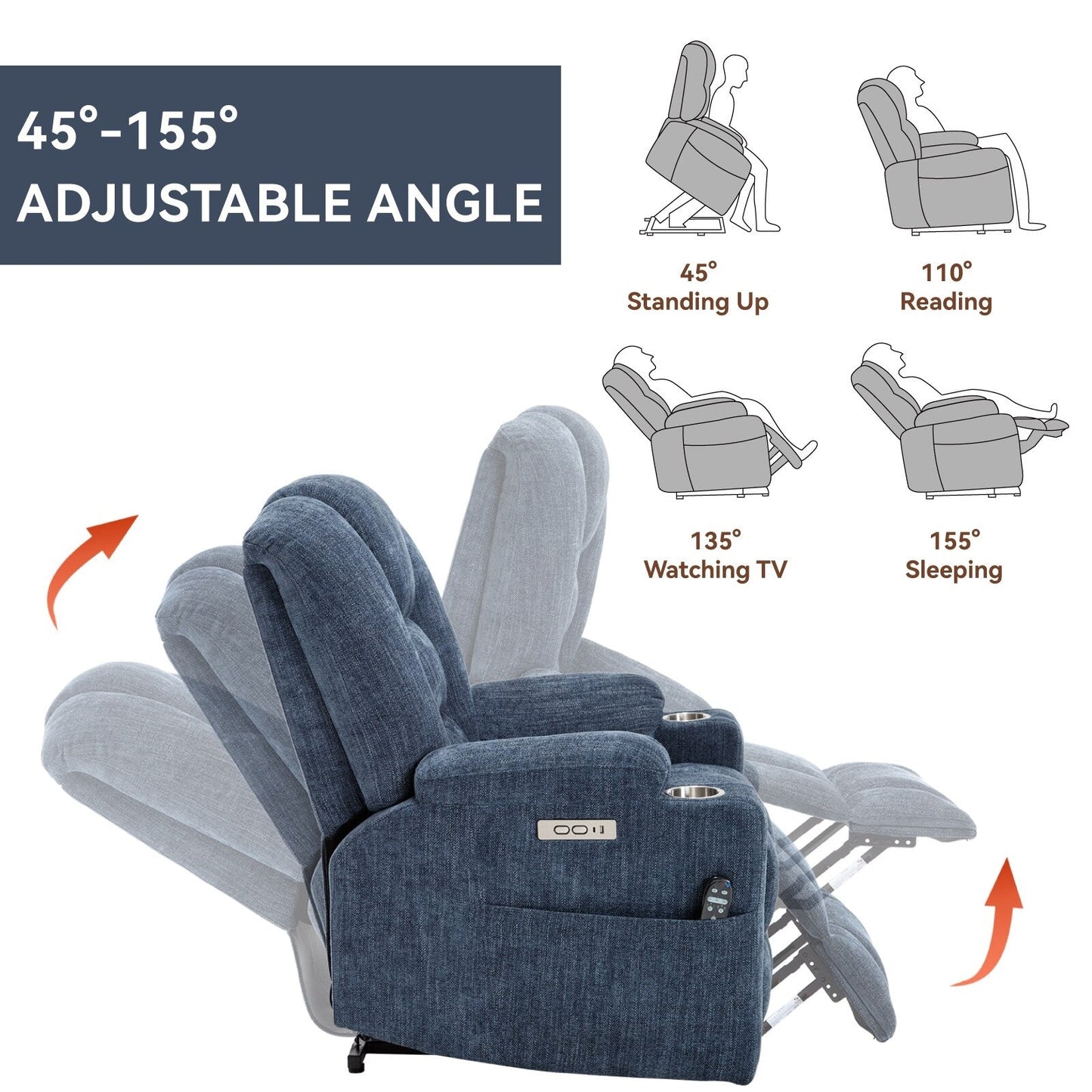 Fauteuil inclinable électrique pour personnes âgées, avec massage, chauffage, deux ports USB, chargement Type-C et porte-gobelets