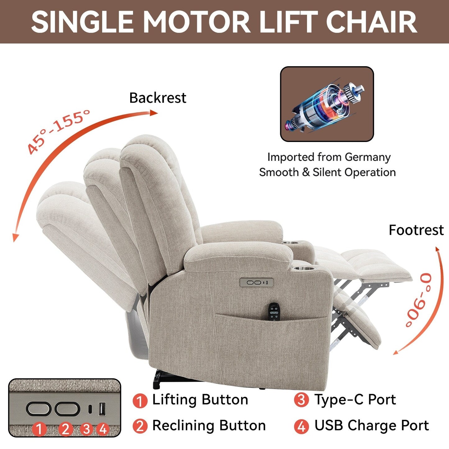 Fauteuil inclinable électrique pour personnes âgées, avec massage, chauffage, deux ports USB, chargement Type-C et porte-gobelets