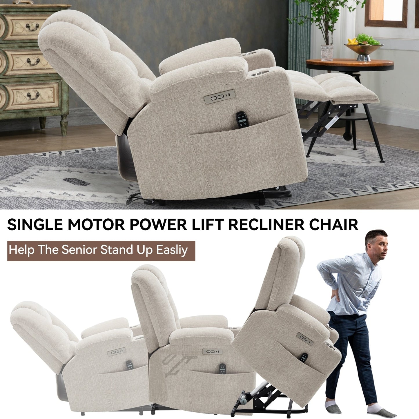 Fauteuil inclinable électrique pour personnes âgées, avec massage, chauffage, deux ports USB, chargement Type-C et porte-gobelets