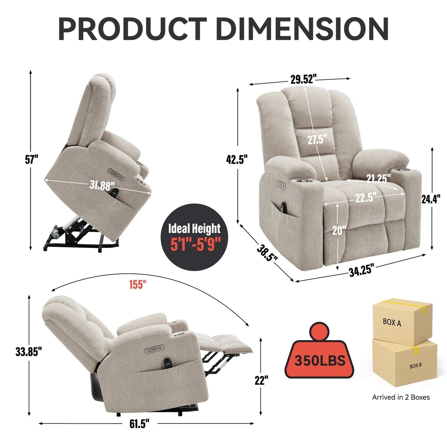 Fauteuil inclinable électrique pour personnes âgées, avec massage, chauffage, deux ports USB, chargement Type-C et porte-gobelets