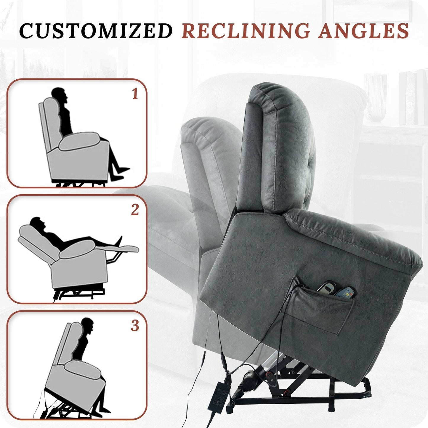 Fauteuil inclinable électrique pour personnes âgées avec chauffage et massage en 8 points, fauteuil inclinable surdimensionné en microfibre avec positions réglables