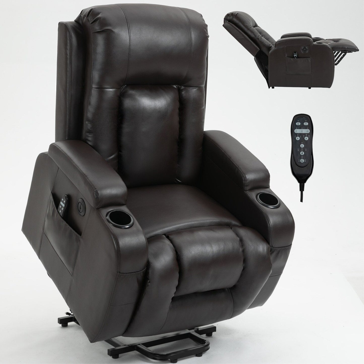Fauteuil inclinable électrique avec massage à 8 points, chauffage lombaire, chargement USB, porte-gobelets et mécanisme robuste