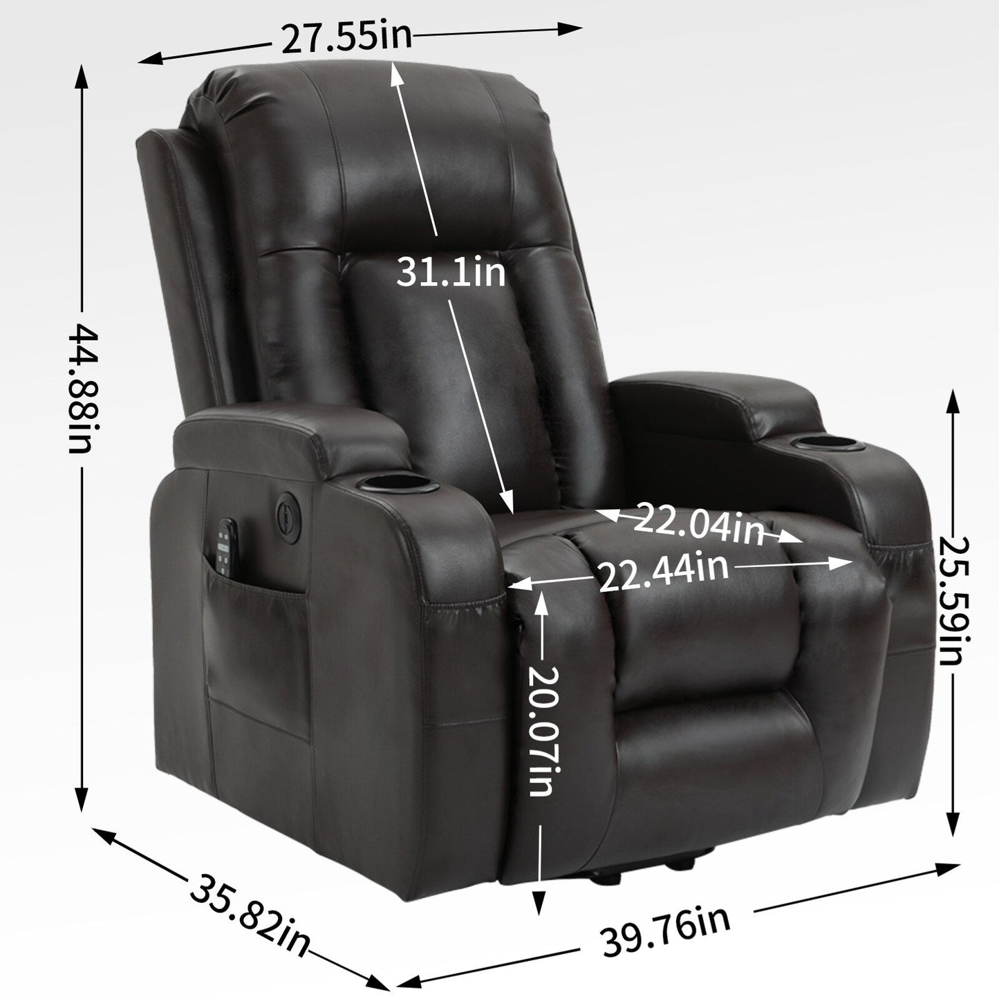 Fauteuil inclinable électrique avec massage à 8 points, chauffage lombaire, chargement USB, porte-gobelets et mécanisme robuste