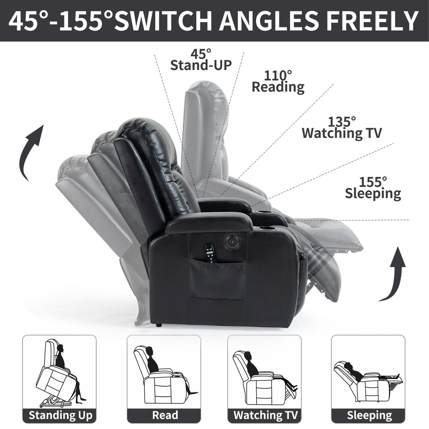 Fauteuil inclinable électrique avec massage à 8 points, chauffage lombaire, chargement USB, porte-gobelets et mécanisme robuste