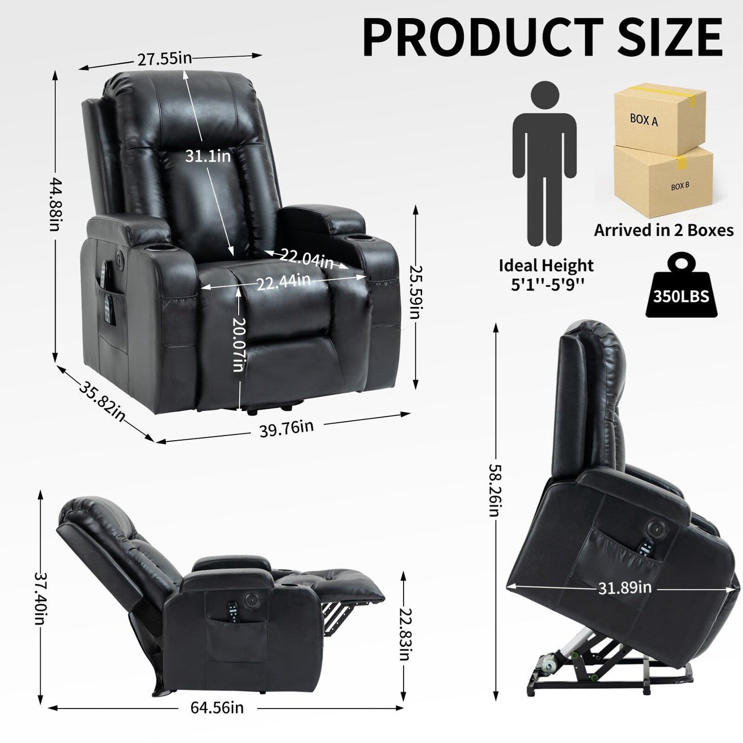 Fauteuil inclinable électrique avec massage à 8 points, chauffage lombaire, chargement USB, porte-gobelets et mécanisme robuste