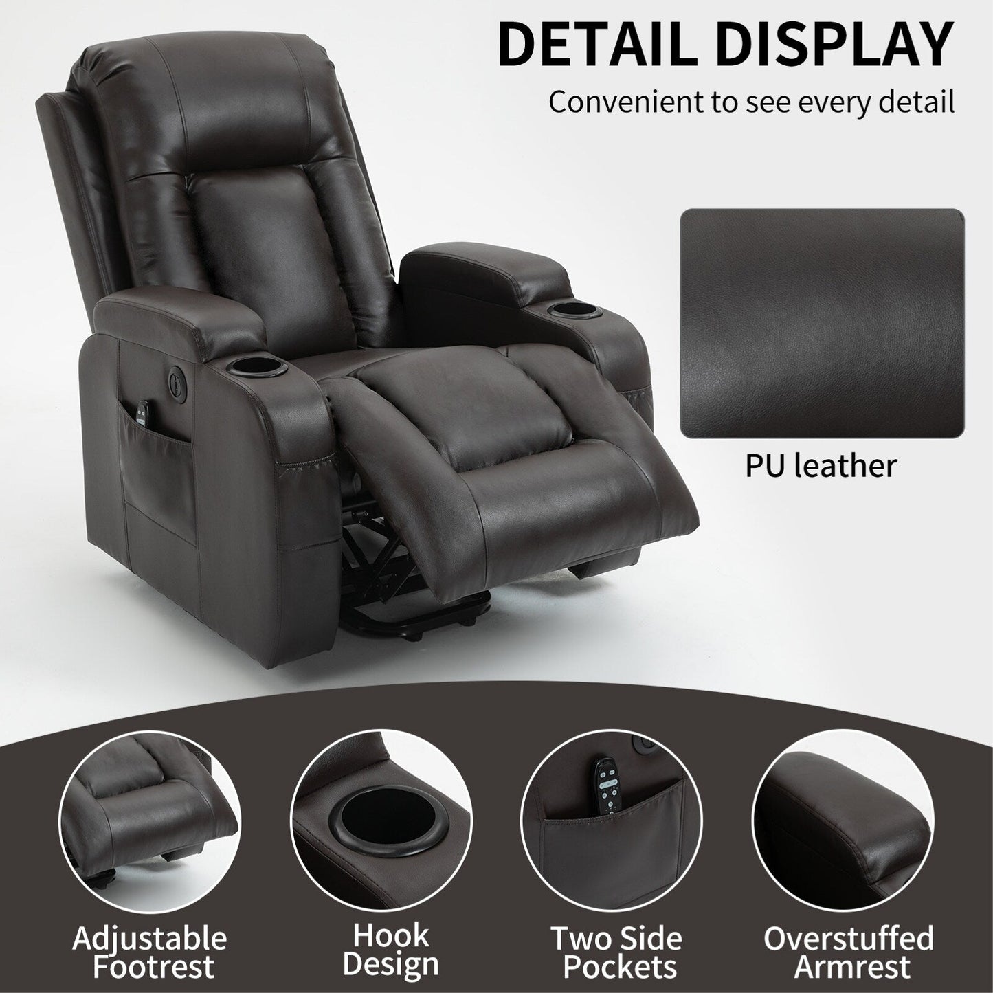 Fauteuil inclinable électrique avec massage à 8 points, chauffage lombaire, chargement USB, porte-gobelets et mécanisme robuste