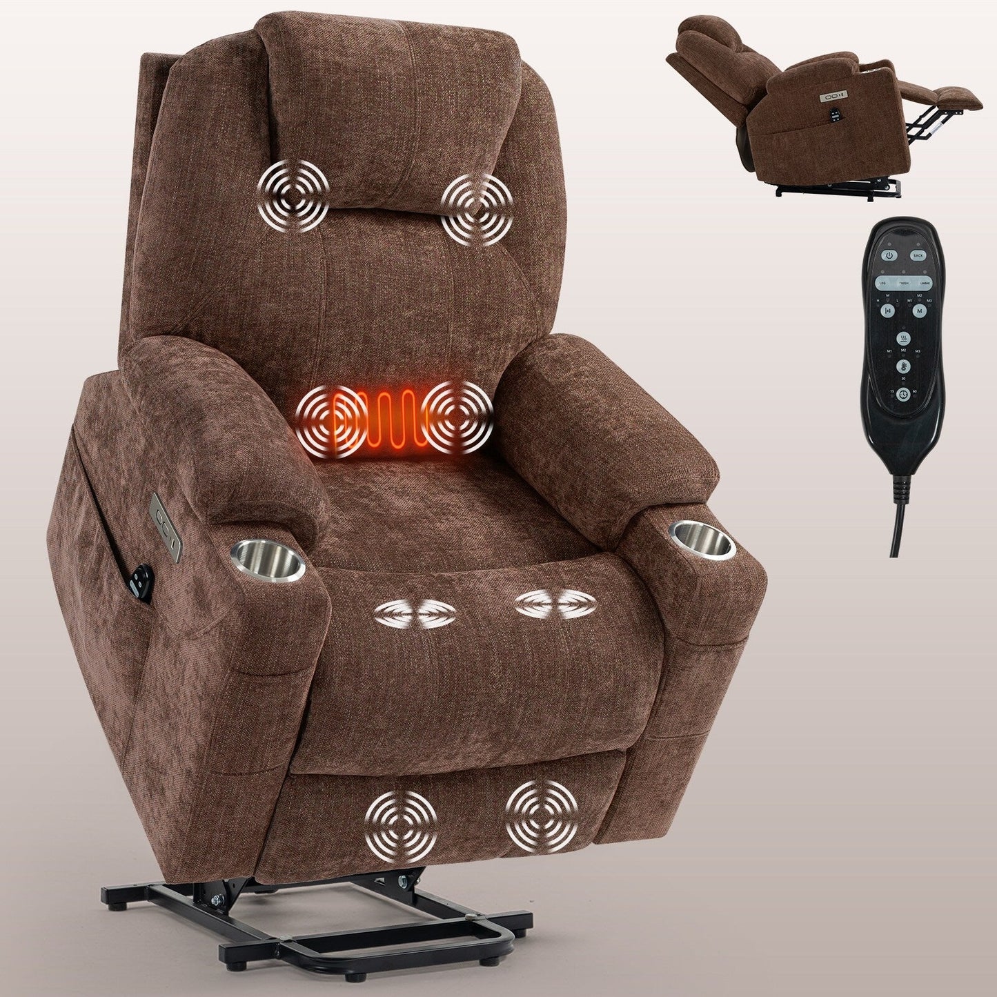 Fauteuil inclinable électrique avec massage par vibrations à 8 points, chauffage lombaire, deux ports USB et porte-gobelets en acier inoxydable