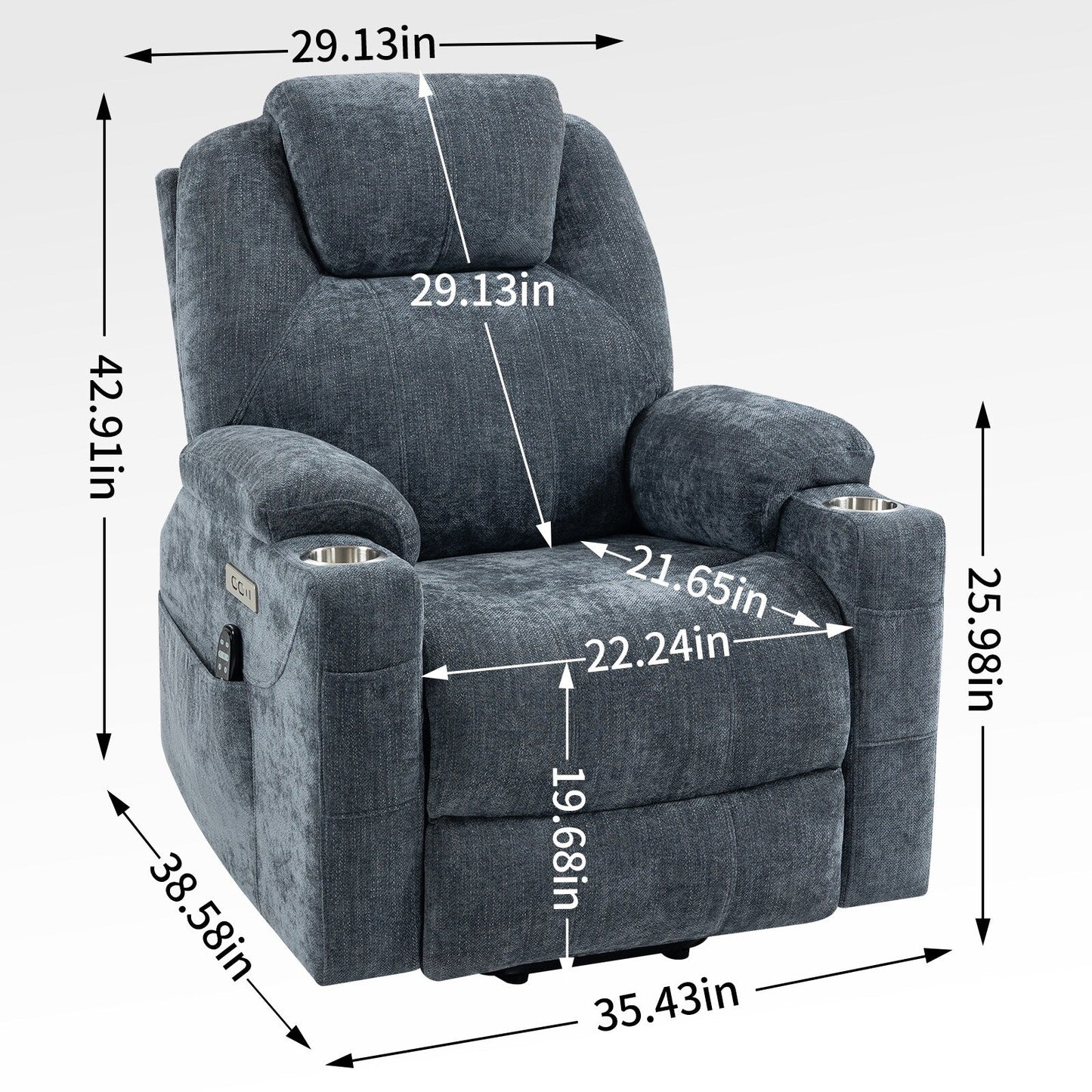 Fauteuil inclinable électrique avec massage par vibrations à 8 points, chauffage lombaire, deux ports USB et porte-gobelets en acier inoxydable