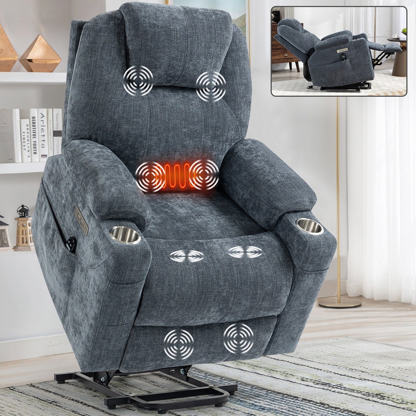 Fauteuil inclinable électrique avec massage par vibrations à 8 points, chauffage lombaire, deux ports USB et porte-gobelets en acier inoxydable