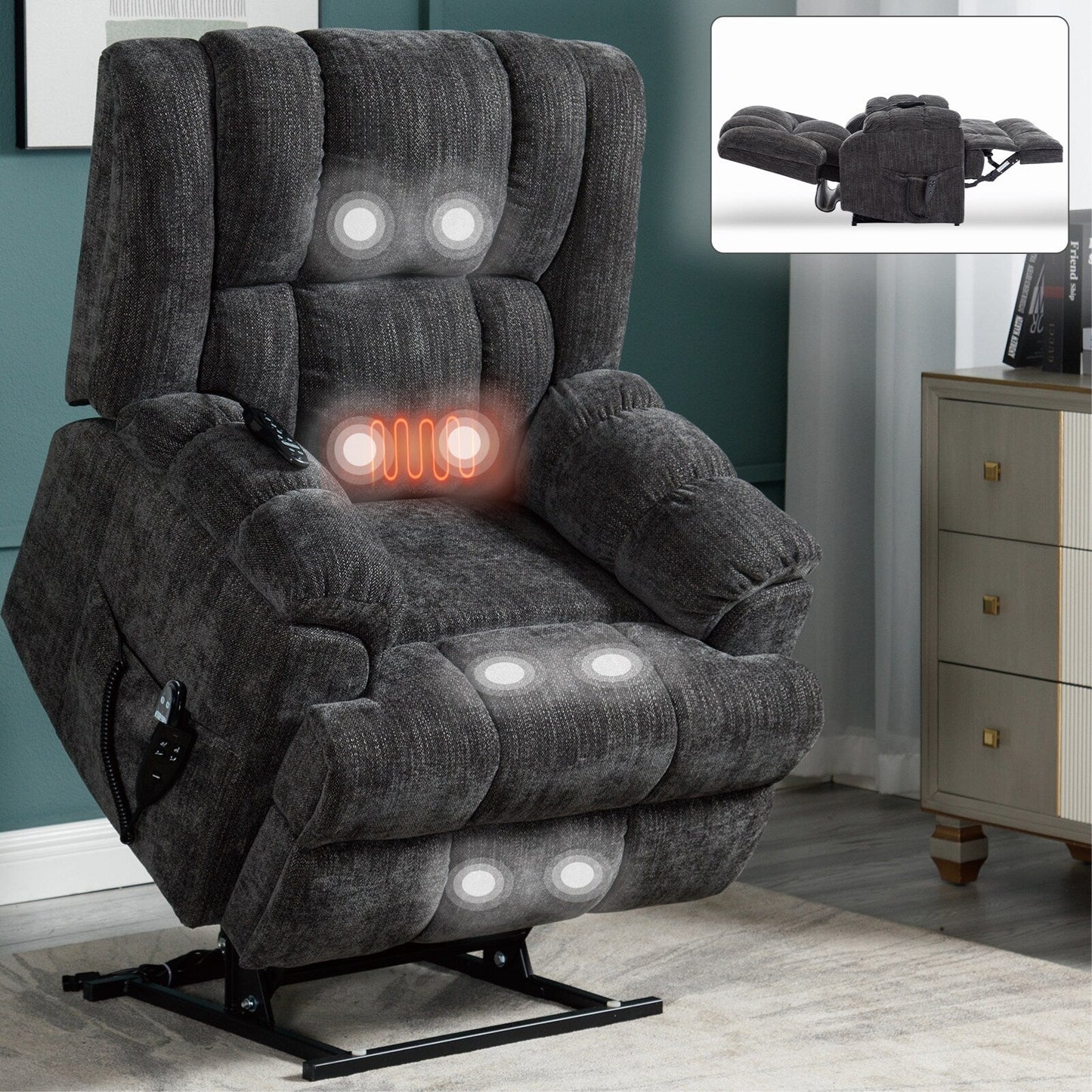 Fauteuil inclinable électrique avec double moteur, massage et chauffage (chenille)