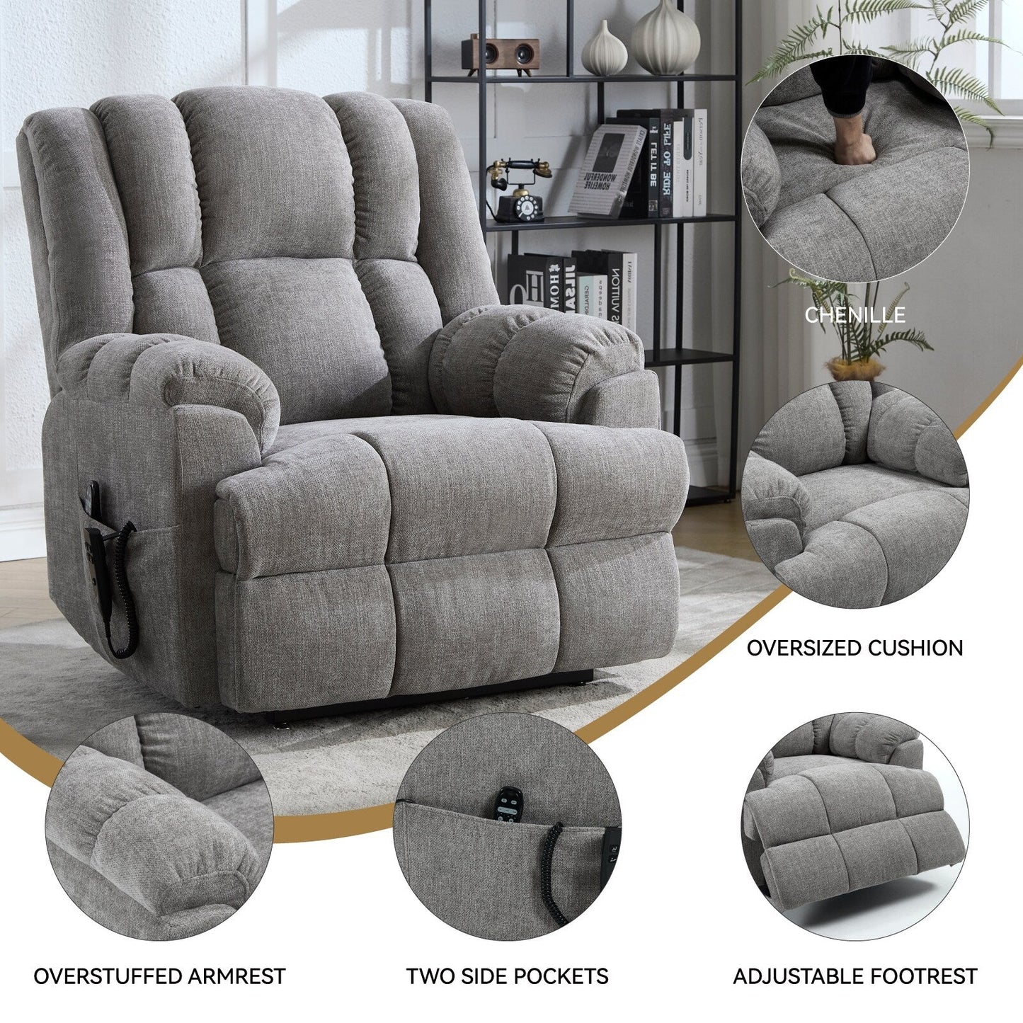 Fauteuil inclinable électrique avec double moteur, massage et chauffage lombaire, revêtement en chenille, réglage de la position en continu
