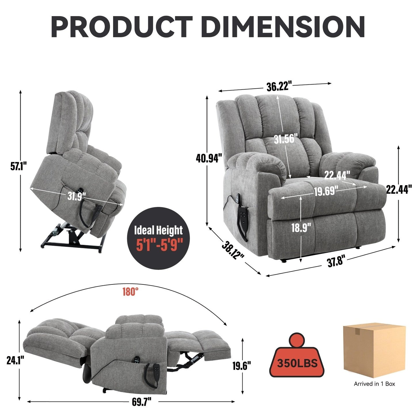 Fauteuil inclinable électrique avec double moteur, massage et chauffage lombaire, revêtement en chenille, réglage de la position en continu