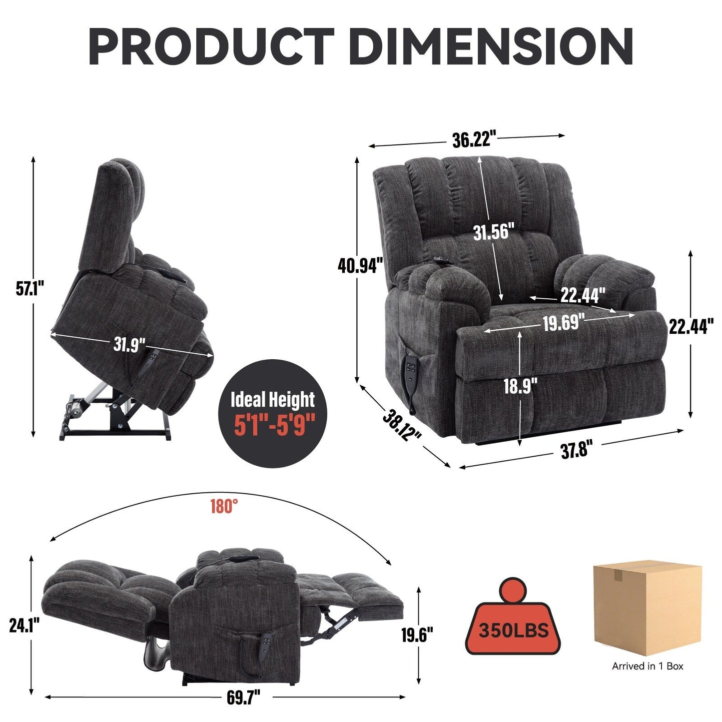 Fauteuil inclinable électrique avec double moteur, massage et chauffage lombaire, revêtement en chenille, réglage de la position en continu