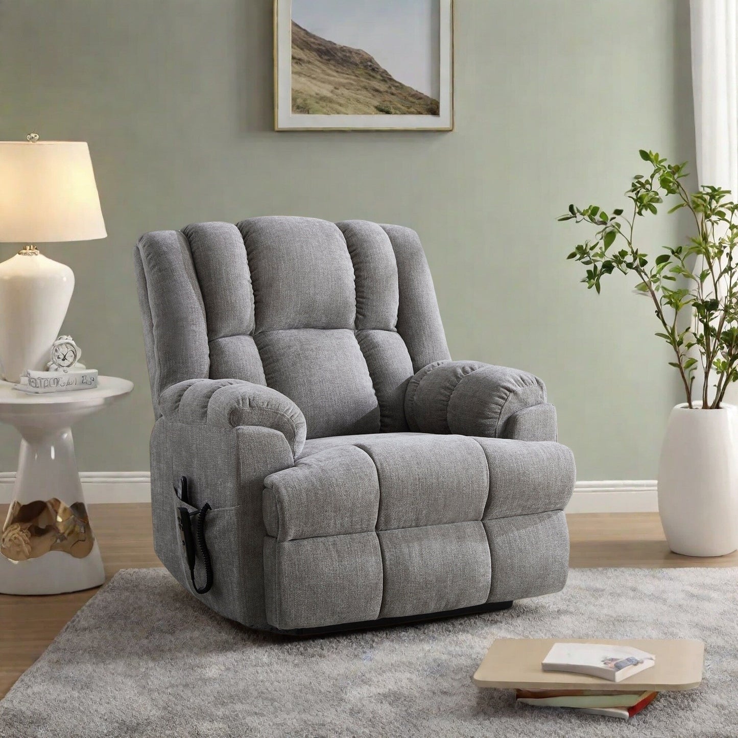 Fauteuil inclinable électrique avec double moteur, massage et chauffage lombaire, revêtement en chenille, réglage de la position en continu