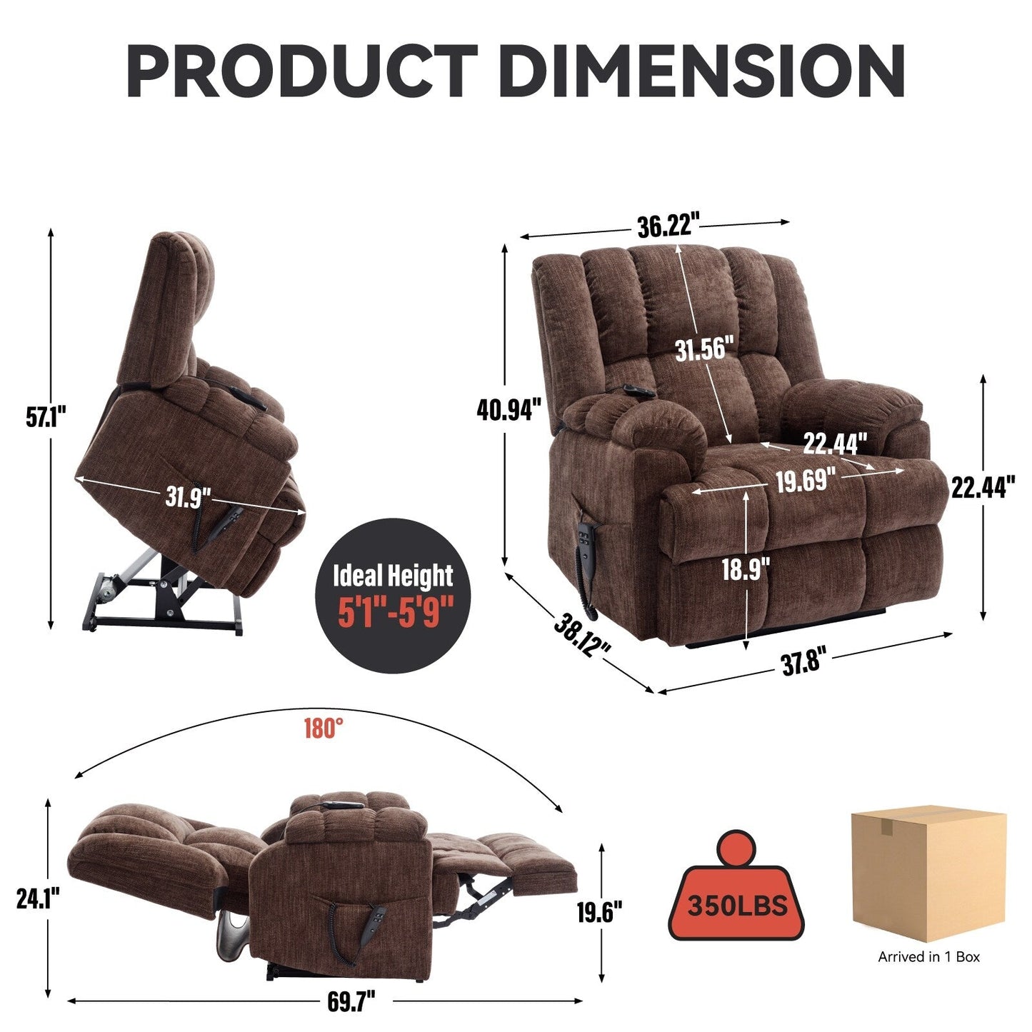 Fauteuil inclinable électrique avec double moteur, massage et chauffage lombaire, revêtement en chenille, réglage de la position en continu
