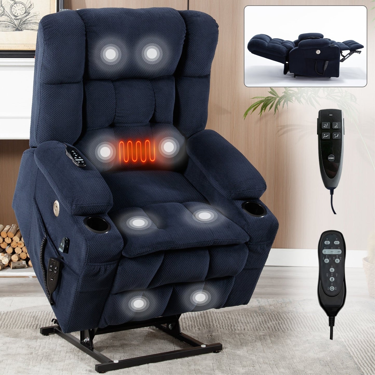 Fauteuil inclinable électrique avec deux moteurs, massage par vibrations à 8 points et chauffage lombaire, deux porte-gobelets et poches latérales