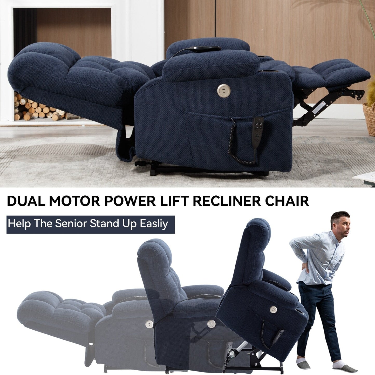 Fauteuil inclinable électrique avec deux moteurs, massage par vibrations à 8 points et chauffage lombaire, deux porte-gobelets et poches latérales