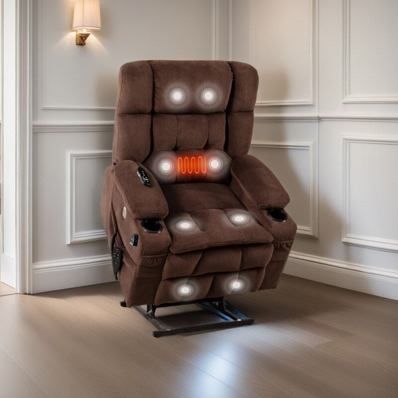 Fauteuil inclinable électrique avec deux moteurs, massage par vibrations à 8 points et chauffage lombaire, deux porte-gobelets et poches latérales