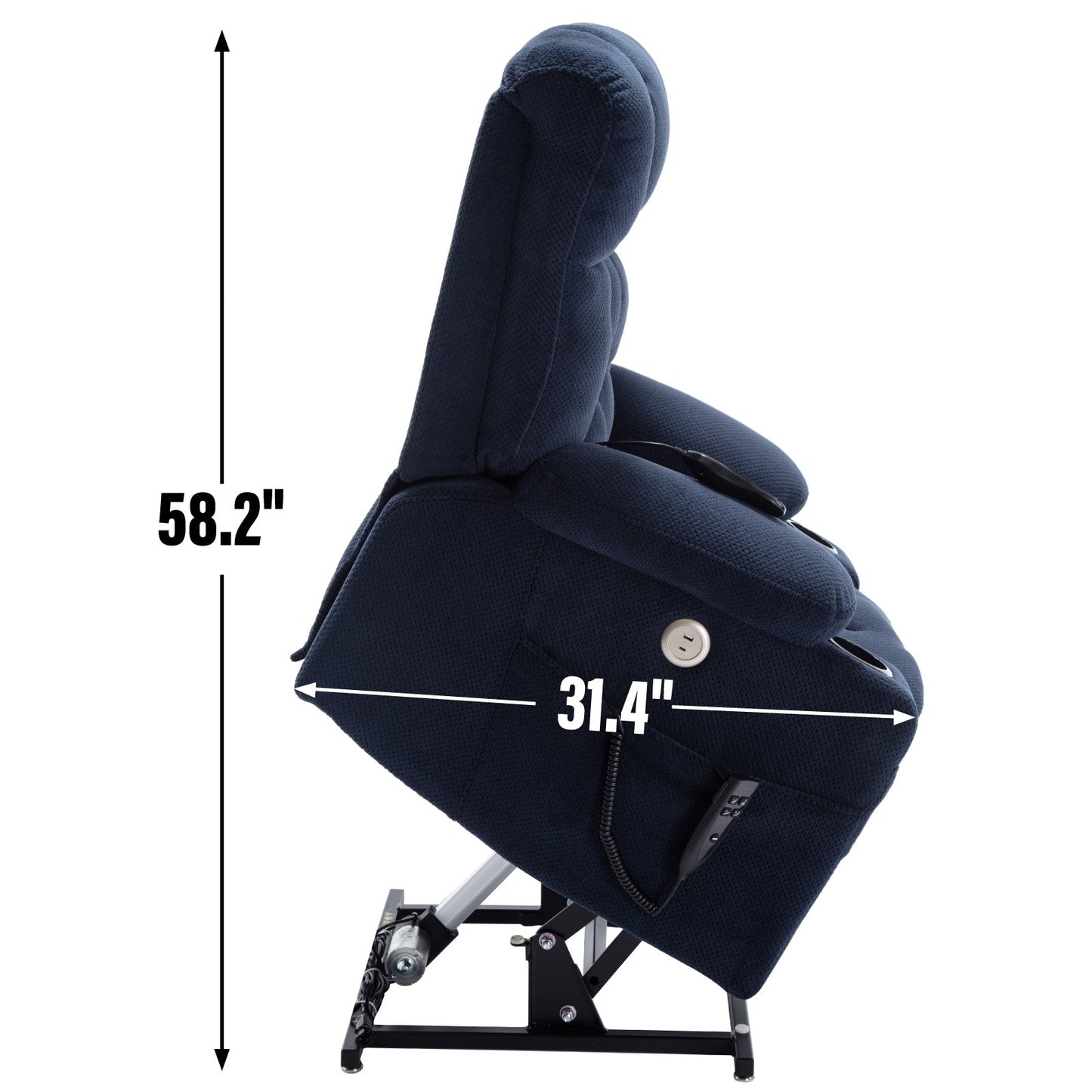 Fauteuil inclinable électrique avec deux moteurs, massage par vibrations à 8 points et chauffage lombaire, deux porte-gobelets et poches latérales