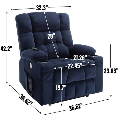 Fauteuil inclinable électrique avec deux moteurs, massage par vibrations à 8 points et chauffage lombaire, deux porte-gobelets et poches latérales