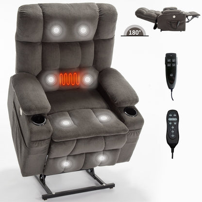 Fauteuil inclinable électrique avec deux moteurs, massage par vibrations à 8 points et chauffage lombaire, deux porte-gobelets et poches latérales
