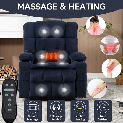 Fauteuil inclinable électrique avec deux moteurs, massage par vibrations à 8 points et chauffage lombaire, deux porte-gobelets et poches latérales