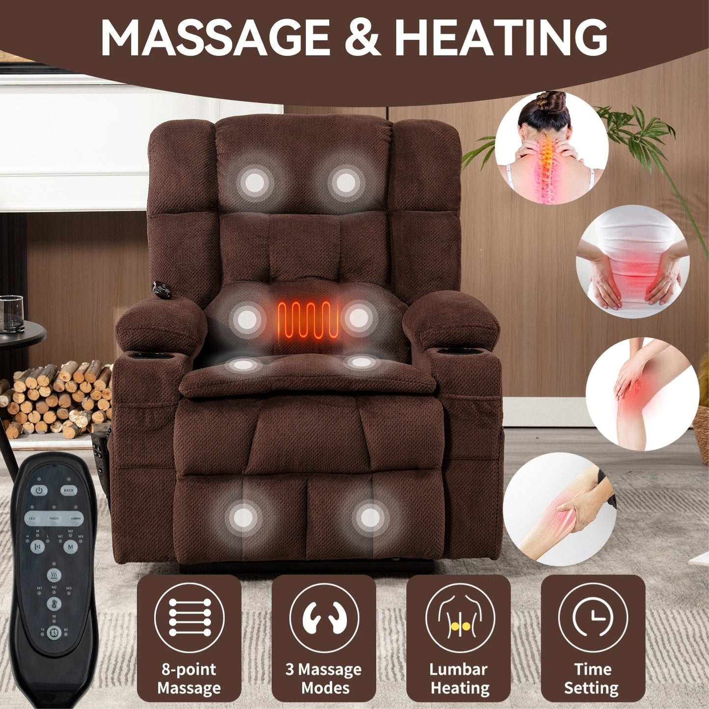 Fauteuil inclinable électrique avec deux moteurs, massage par vibrations à 8 points et chauffage lombaire, deux porte-gobelets et poches latérales