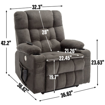 Fauteuil inclinable électrique avec deux moteurs, massage par vibrations à 8 points et chauffage lombaire, deux porte-gobelets et poches latérales